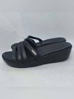 Crocs Rhonda Sandals Wedge Heels Straps Slip On Casual Shoes Black Womens Size 7